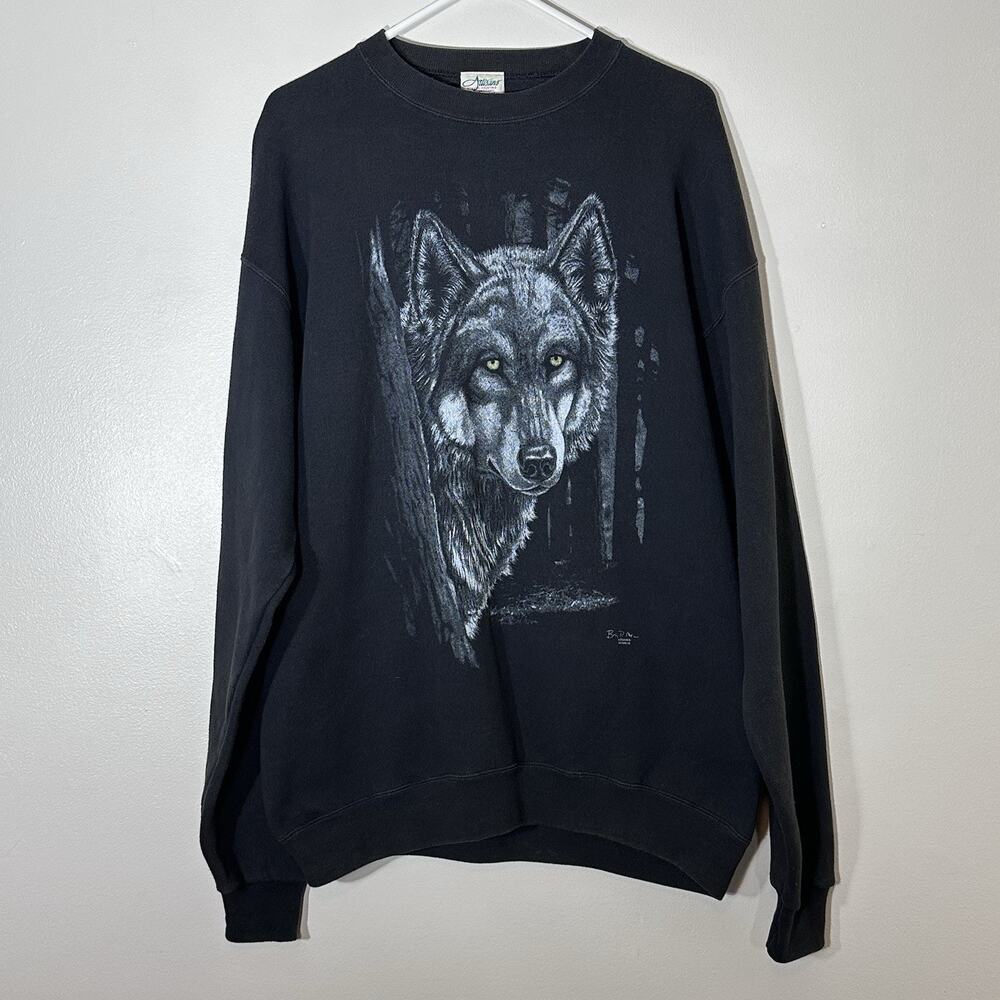 Vintage 90s Nature Artisans Wolf Forest Black Sweatshirt XL